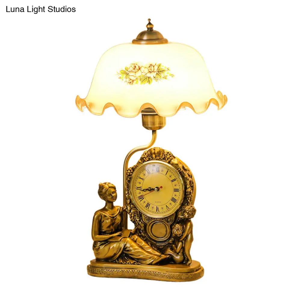 Vintage Brass Scalloped Table Lamp With Opaline Glass Bowl - Book Light Clock And Woman Deco