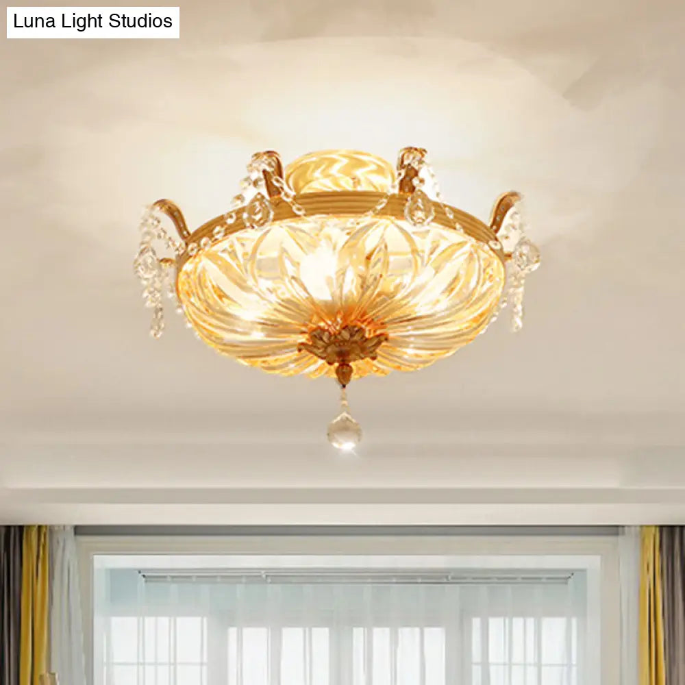 Vintage Brass Semi Flush Mount Ceiling Light With Amber Glass - 5 - Light Shaded Lighting For
