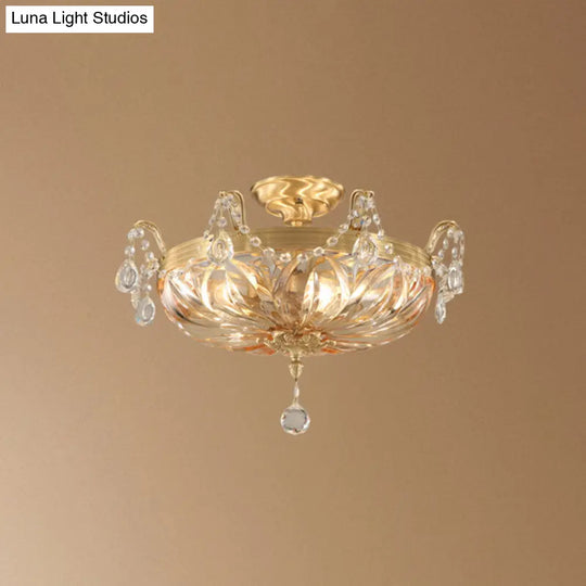 Vintage Brass Semi Flush Mount Ceiling Light With Amber Glass - 5-Light Shaded Lighting For Living