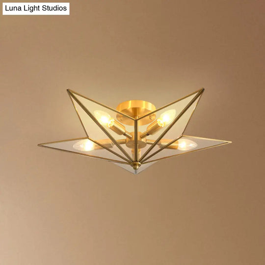Vintage Brass Semi Flush Mount Ceiling Light With Amber Glass - 5-Light Shaded Lighting For Living