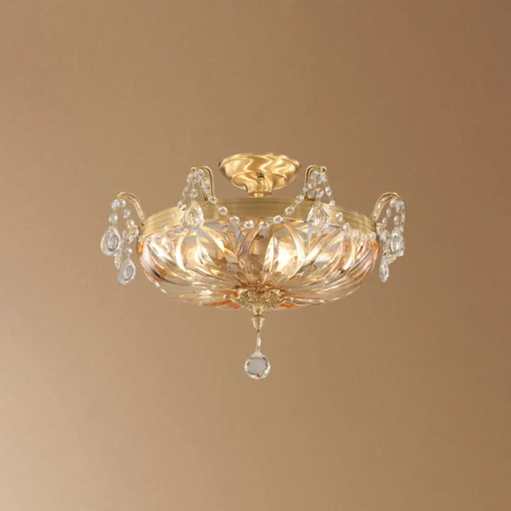 Vintage Brass Semi Flush Mount Ceiling Light With Amber Glass - 5 - Light Shaded Lighting For