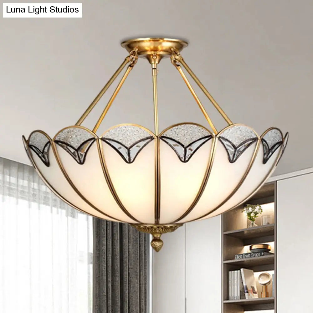 Vintage Brass Semi-Flush Mount Umbrella-Like Light With Milky Glass - 4 Heads