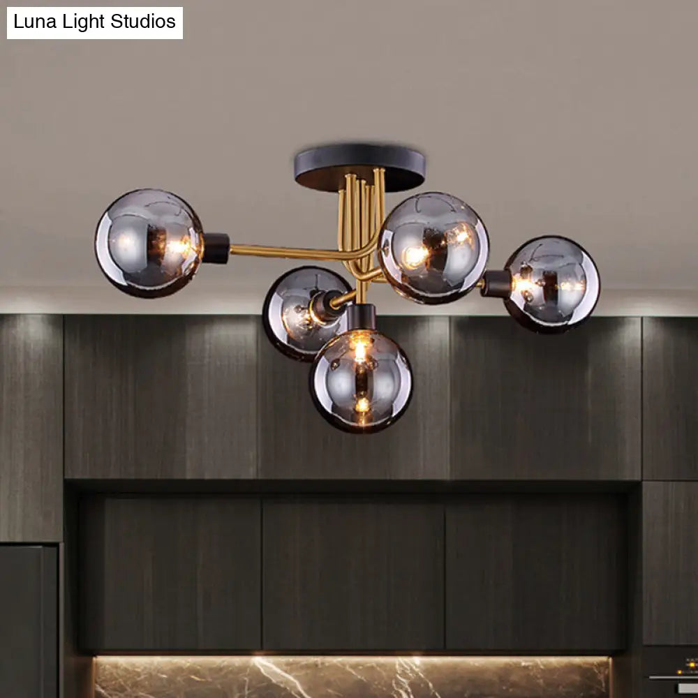 Retro-Style Semi Flush Mount Kitchen Ceiling Fixture With Smoke Closed Glass 5-Bulb Branch Design