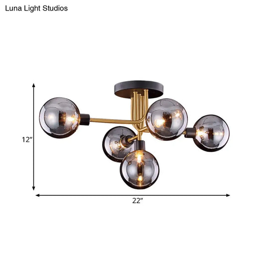 Retro-Style Semi Flush Mount Kitchen Ceiling Fixture With Smoke Closed Glass 5-Bulb Branch Design