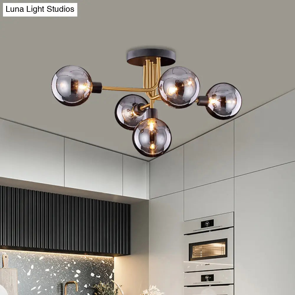 Retro-Style Semi Flush Mount Kitchen Ceiling Fixture With Smoke Closed Glass 5-Bulb Branch Design