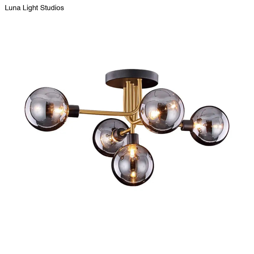 Retro-Style Semi Flush Mount Kitchen Ceiling Fixture With Smoke Closed Glass 5-Bulb Branch Design