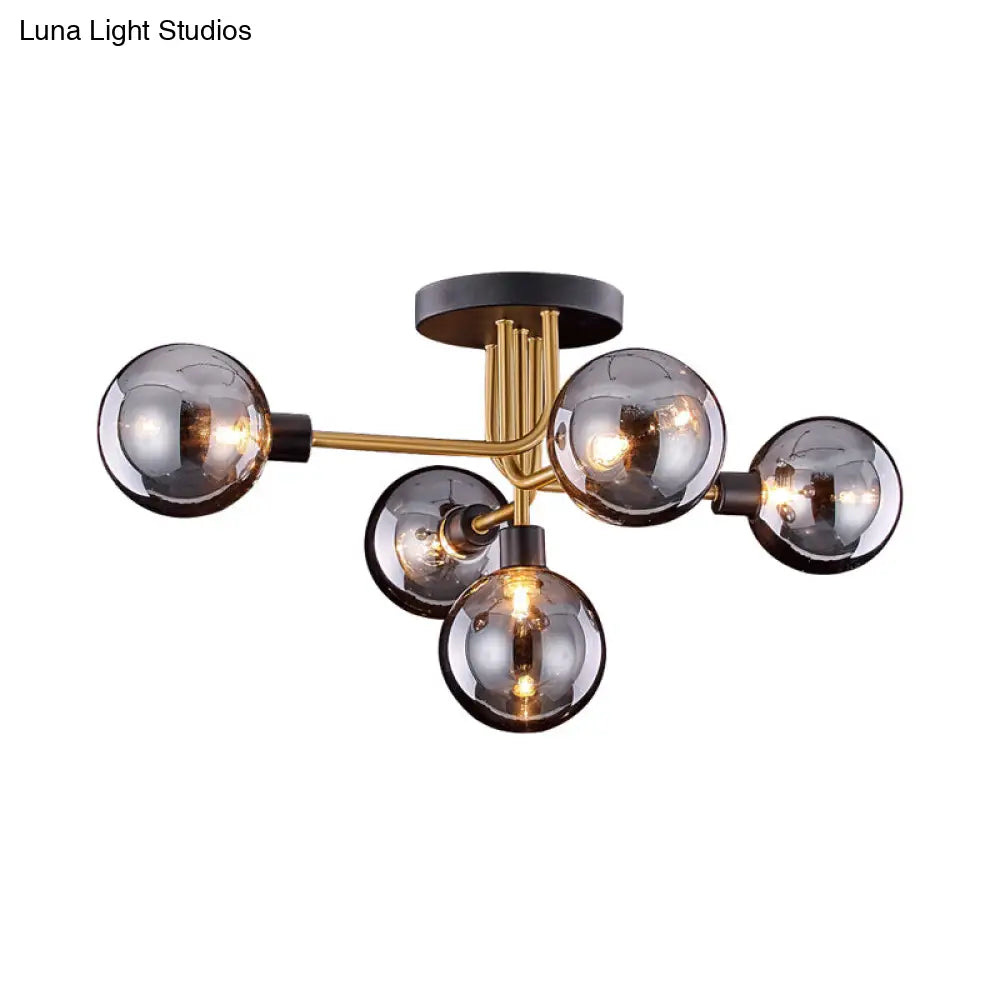 Vintage Brass Smoke Glass Kitchen Ceiling Fixture - Retro Semi Flush Mount Light With 5 Bulbs