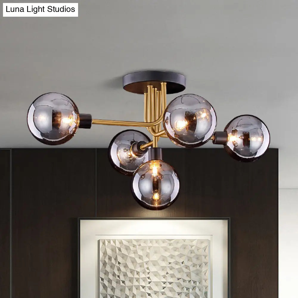 Retro-Style Semi Flush Mount Kitchen Ceiling Fixture With Smoke Closed Glass 5-Bulb Branch Design