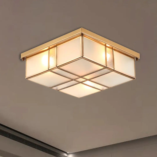 Vintage Brass Square Bedroom Ceiling Light With Frosted Glass - 3/4 Lights Flush Mount Fixture 4 /