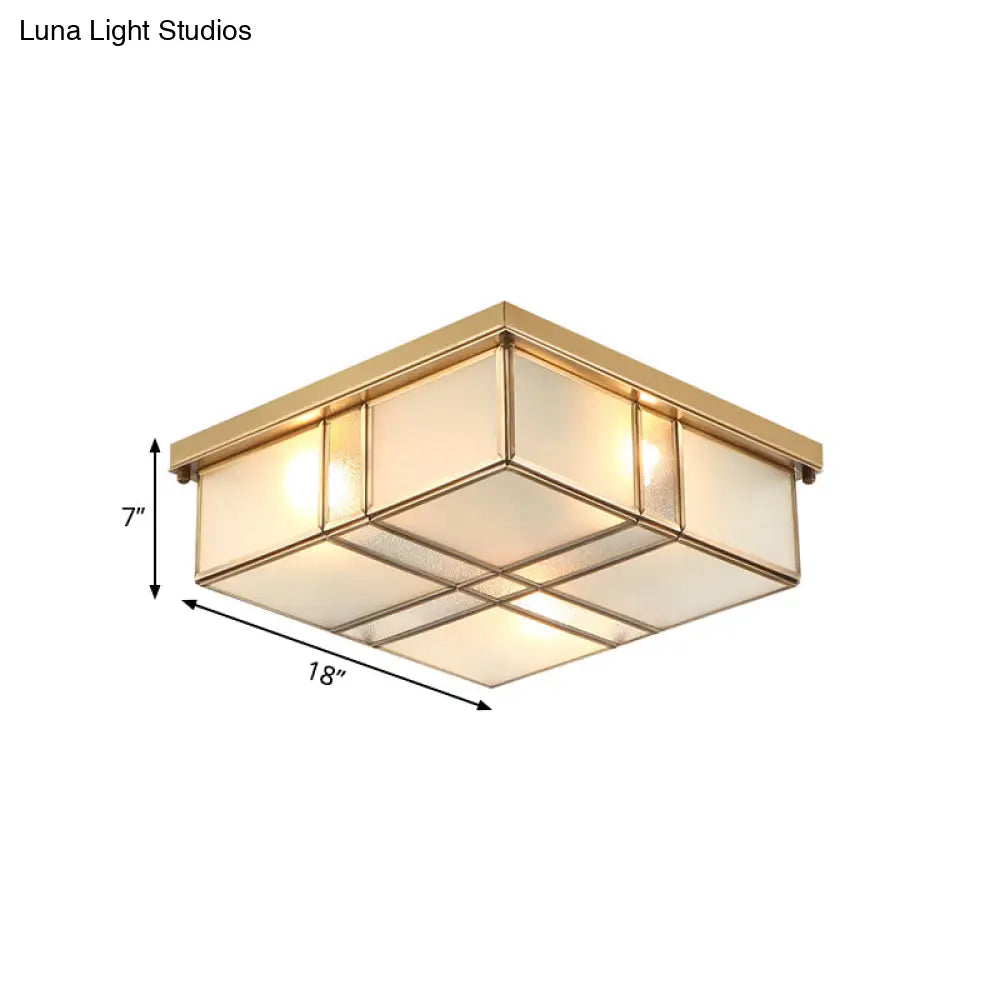 Vintage Brass Square Bedroom Ceiling Light With Frosted Glass - 3/4 Lights Flush Mount Fixture