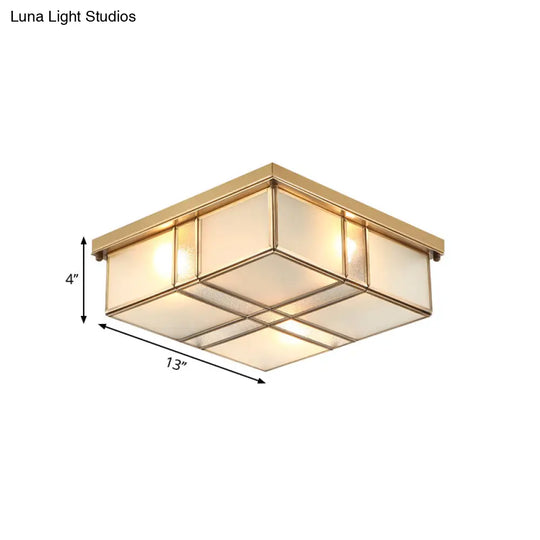 Vintage Brass Square Bedroom Ceiling Light With Frosted Glass - 3/4 Lights Flush Mount Fixture