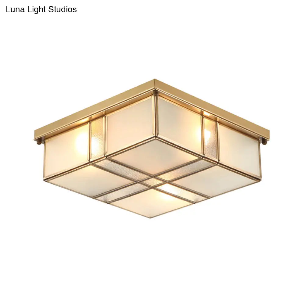 Vintage Brass Square Bedroom Ceiling Light With Frosted Glass - 3/4 Lights Flush Mount Fixture