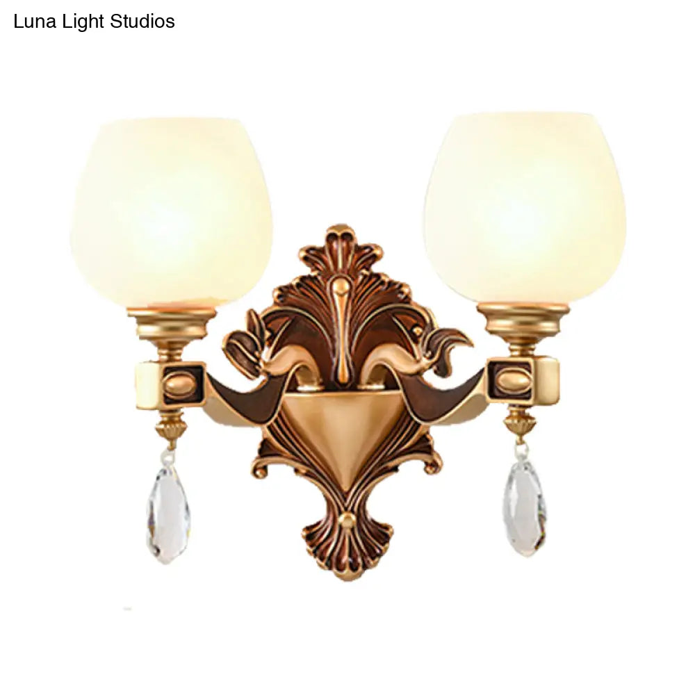 Vintage Brass Wall Light With Milky Glass And Crystal Accents