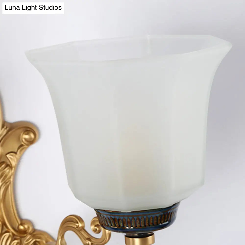 Vintage Brass Wall Mounted Bedside Light With Flared Opal Glass Shade