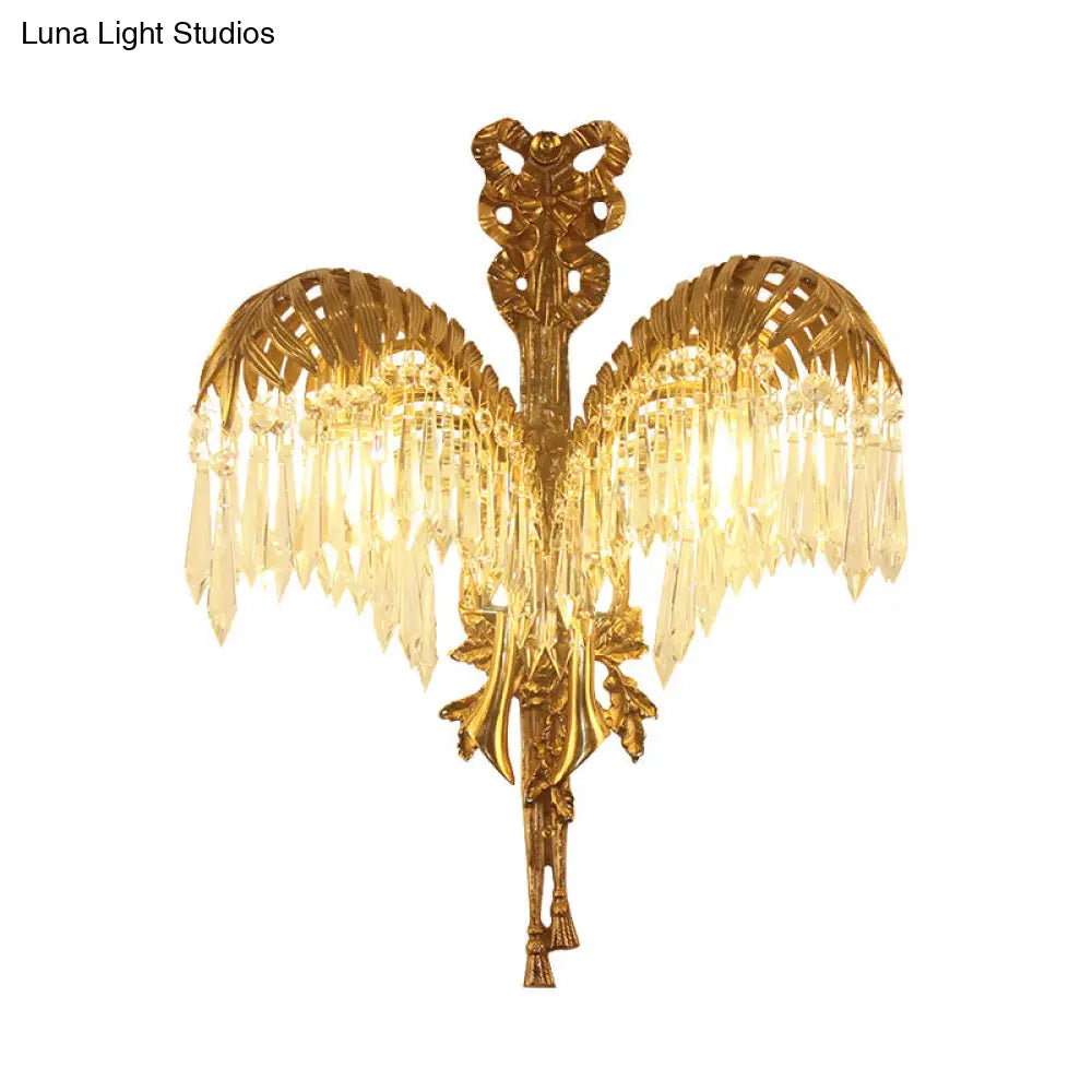 Vintage Brass Wall Sconce With Clear Crystal Drop - Metal Leaf Shape Lighting Fixture