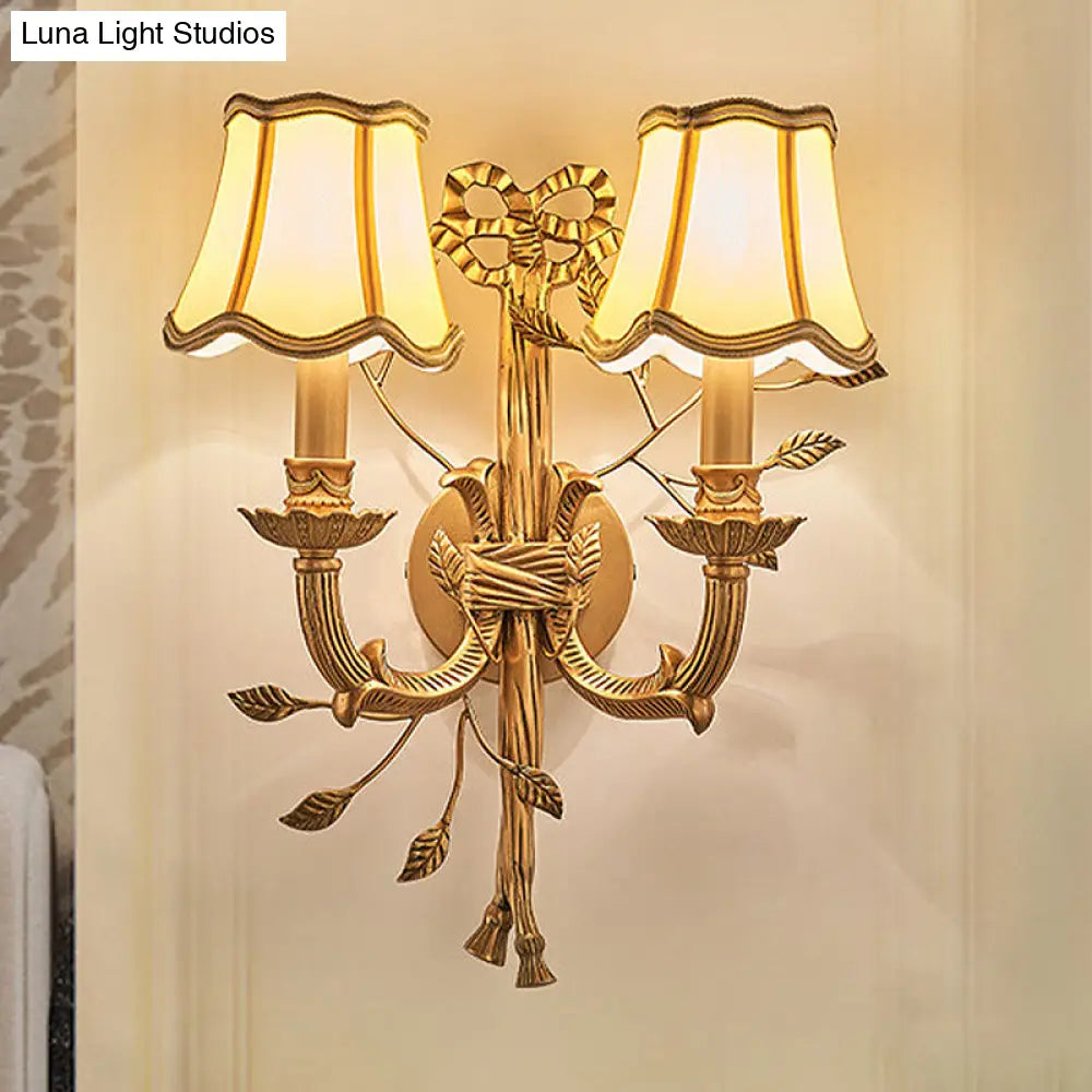 Vintage Brass Wall Sconce With Empire Shade And Curved Metal Arm - 2 Lights