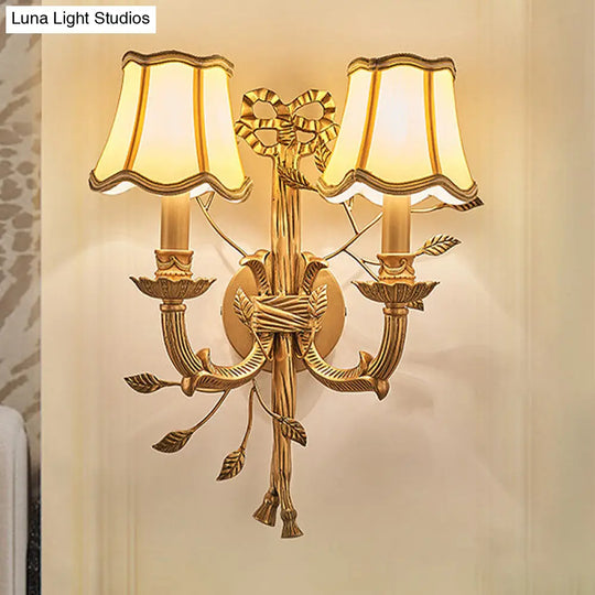 Vintage Brass Wall Sconce With Empire Shade And Curved Metal Arm - 2 Lights