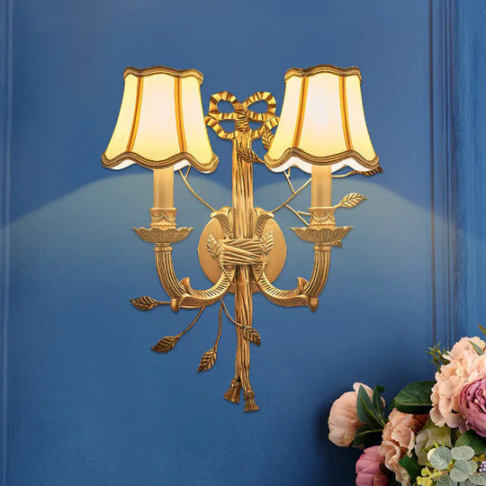 Vintage Brass Wall Sconce With Empire Shade And Curved Metal Arm - 2 Lights