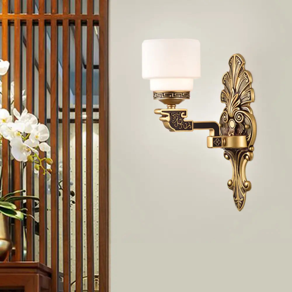 Vintage Brass Wall Sconce With Stylish Frosted Glass Drum Shade 1 /