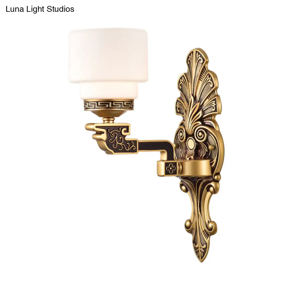 Vintage Brass Wall Sconce With Stylish Frosted Glass Drum Shade