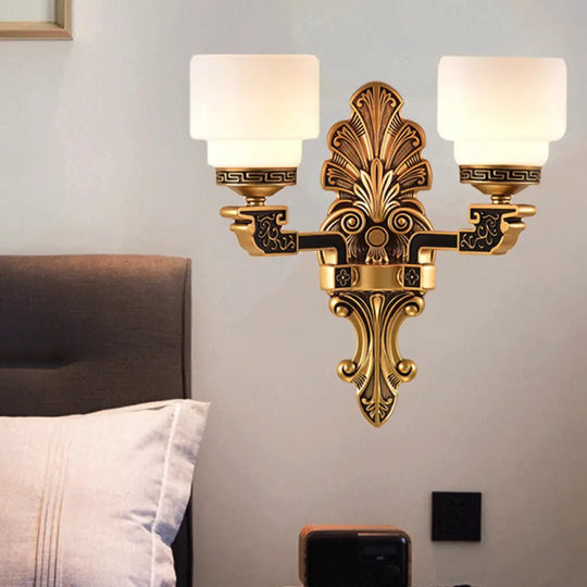 Vintage Brass Wall Sconce With Stylish Frosted Glass Drum Shade 2 /