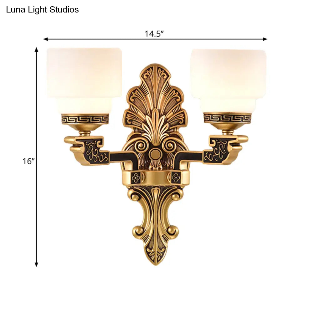 Vintage Brass Wall Sconce With Stylish Frosted Glass Drum Shade