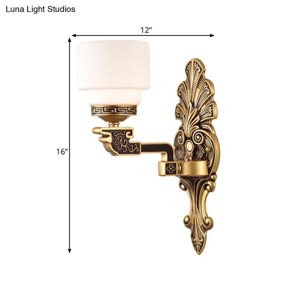 Vintage Brass Wall Sconce With Stylish Frosted Glass Drum Shade