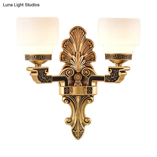 Vintage Brass Wall Sconce With Stylish Frosted Glass Drum Shade