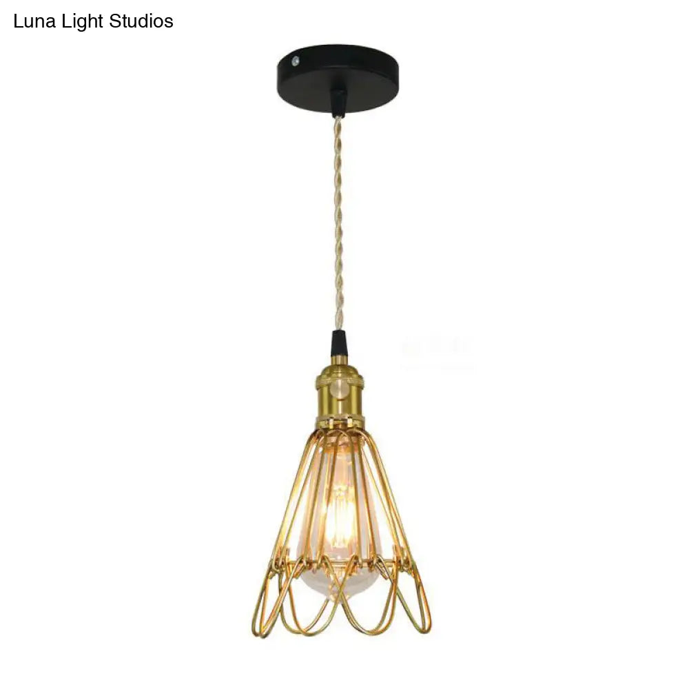 Vintage Brass Wire Pendant Lamp With Ruffled Edge - Metallic Living Room Light
