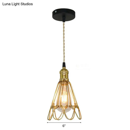 Vintage Brass Wire Frame Pendant Lamp W/ Ruffled Edge - Metallic 1-Light Hanging Light For Living
