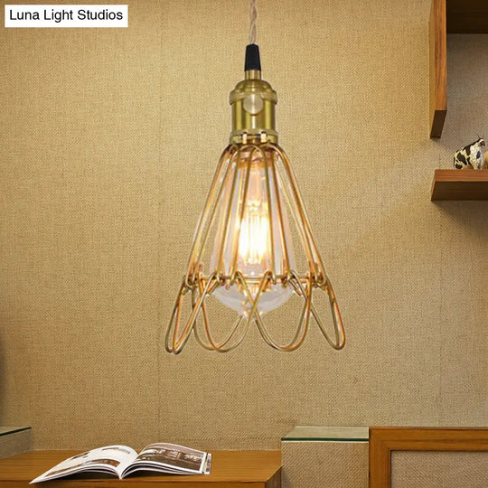 Vintage Brass Wire Pendant Lamp With Ruffled Edge - Metallic Living Room Light