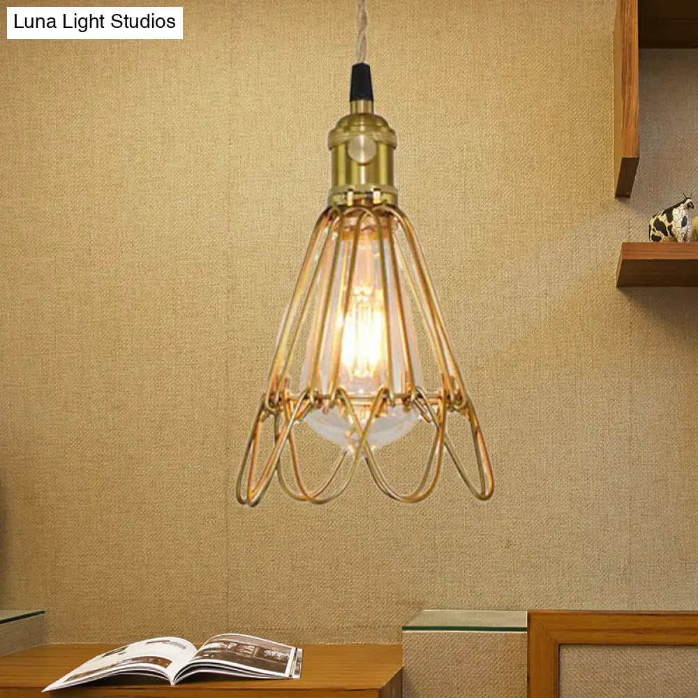 Vintage Brass Wire Frame Pendant Lamp W/ Ruffled Edge - Metallic 1-Light Hanging Light For Living