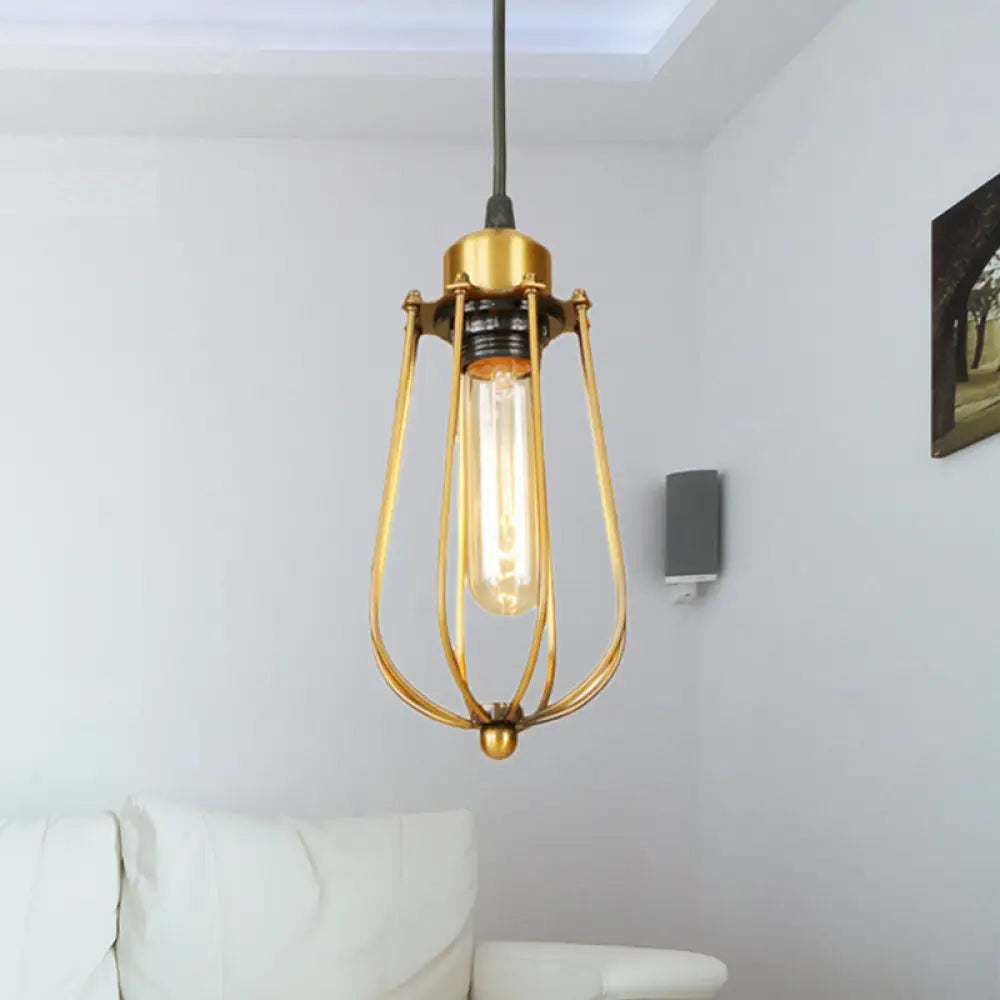 Vintage Brass Wire Guard Ceiling Light Pendant - Retro Metallic Design For Living Room