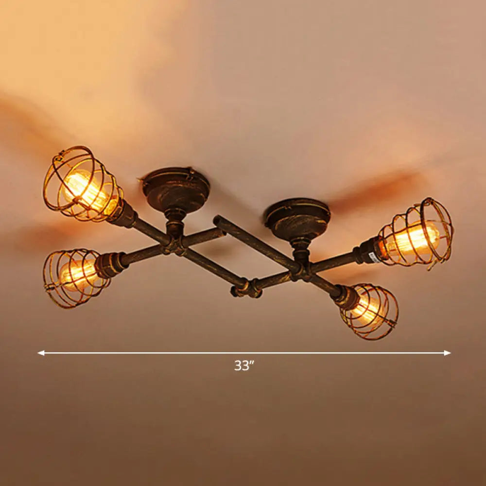 Vintage Bronze Coffee Shop Ceiling Light Fixture Iron Twisted Pipe Semi Flush With Cage 4 /