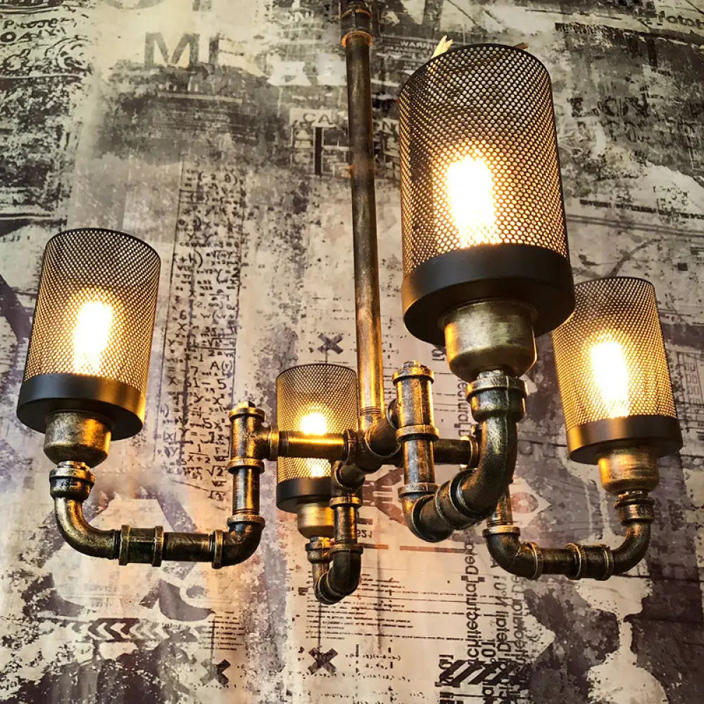 Vintage Bronze Finish Iron Cylinder Chandelier Pendant Light With Mesh Screen - Set Of 4 Bulbs