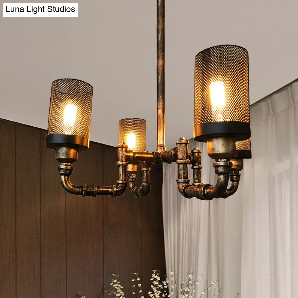 Vintage Bronze Finish Iron Cylinder Chandelier Pendant Light With Mesh Screen - Set Of 4 Bulbs