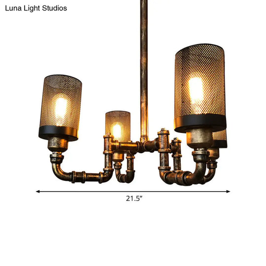 Vintage Bronze Cylinder Chandelier Lamp - 4 Bulbs Mesh Screen Iron Hanging Pendant Light