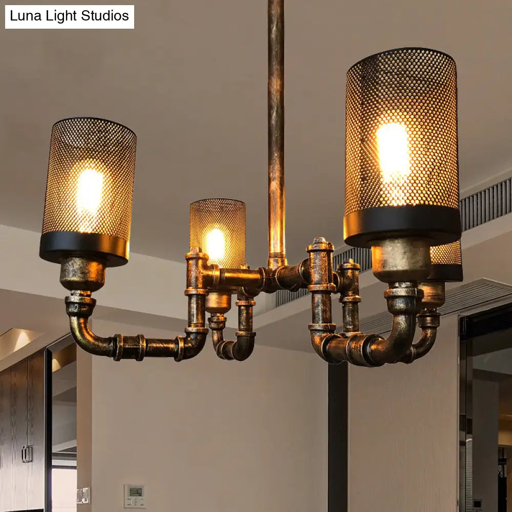 Vintage Bronze Finish Iron Cylinder Chandelier Pendant Light With Mesh Screen - Set Of 4 Bulbs