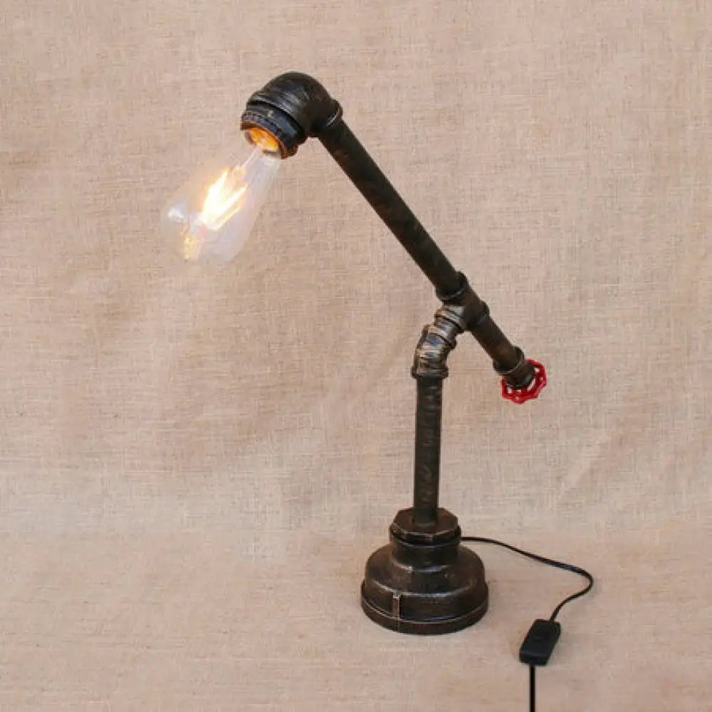 Vintage Bronze Finish Table Lamp With Bare Bulb And Valve Wheel Design