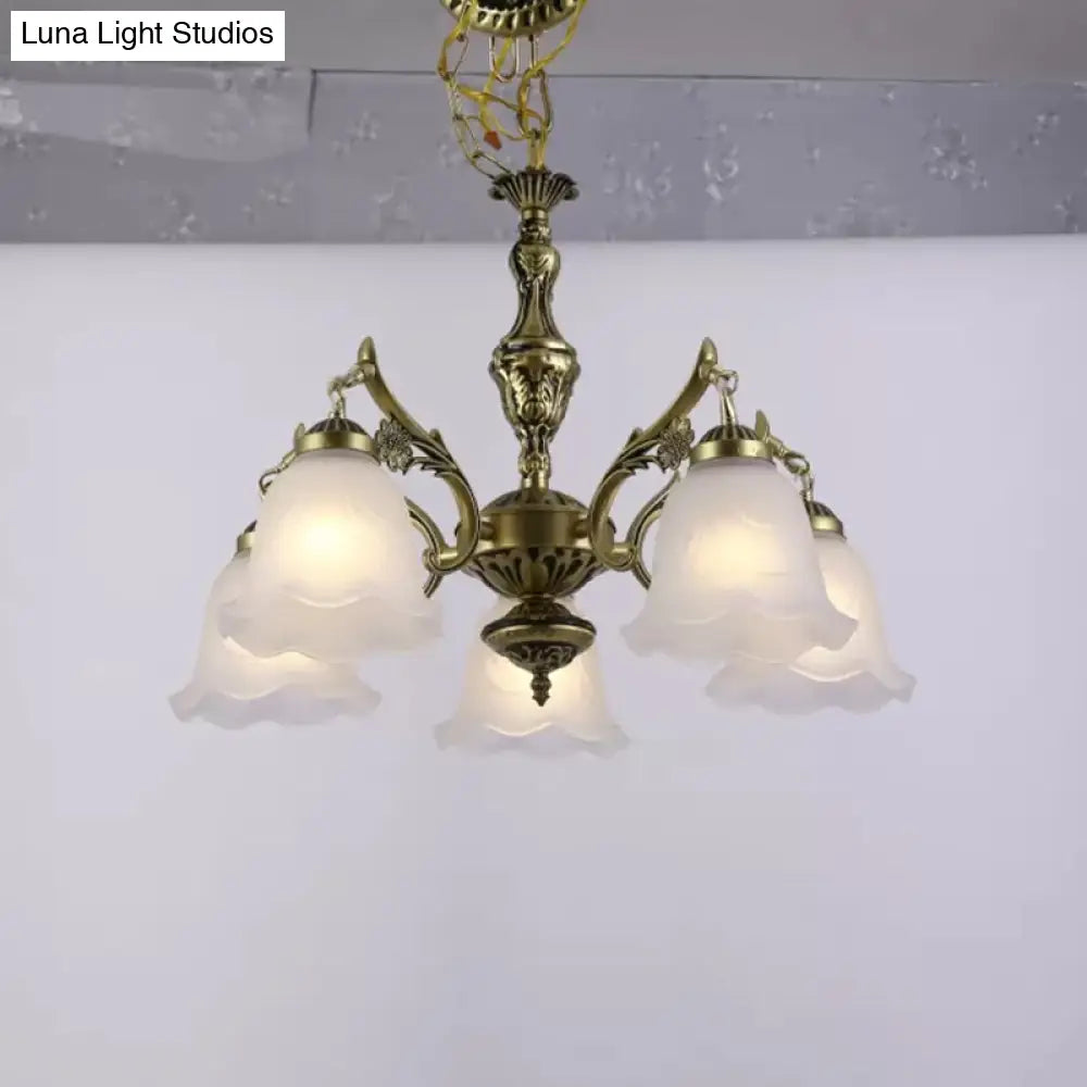 Vintage Bronze Floral Down Chandelier With Frosted Glass - 5-Bulb Dining Room Lamp
