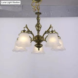 Vintage Bronze Floral Down Chandelier With Frosted Glass - 5-Bulb Dining Room Lamp