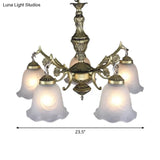Vintage Bronze Floral Down Chandelier With Frosted Glass - 5-Bulb Dining Room Lamp