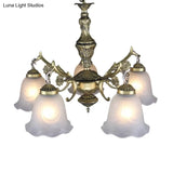 Vintage Bronze Floral Down Chandelier With Frosted Glass - 5-Bulb Dining Room Lamp