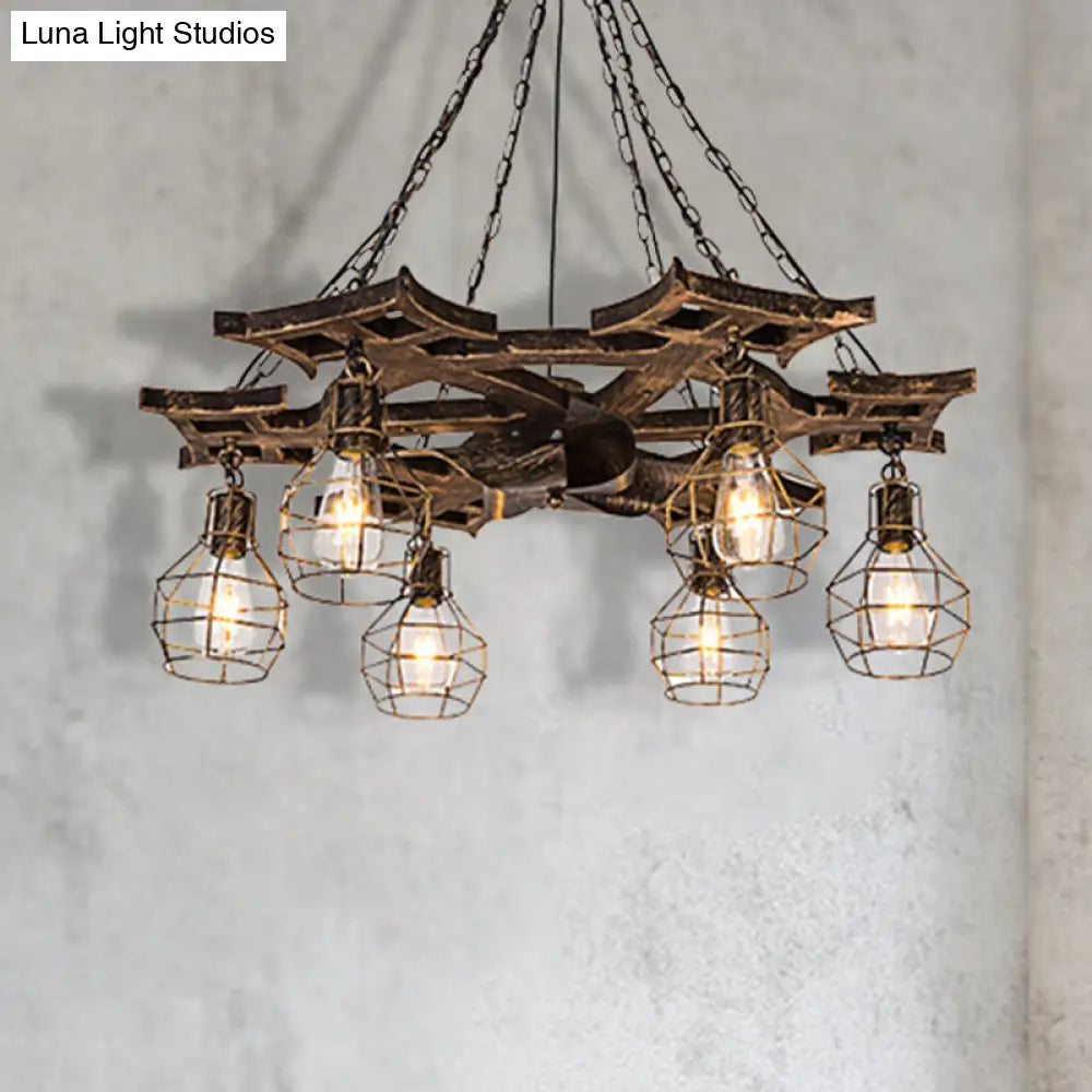 Vintage Bronze Metal Globe Chandelier With 6 Bulbs - Stylish Hanging Ceiling Fixture Cage