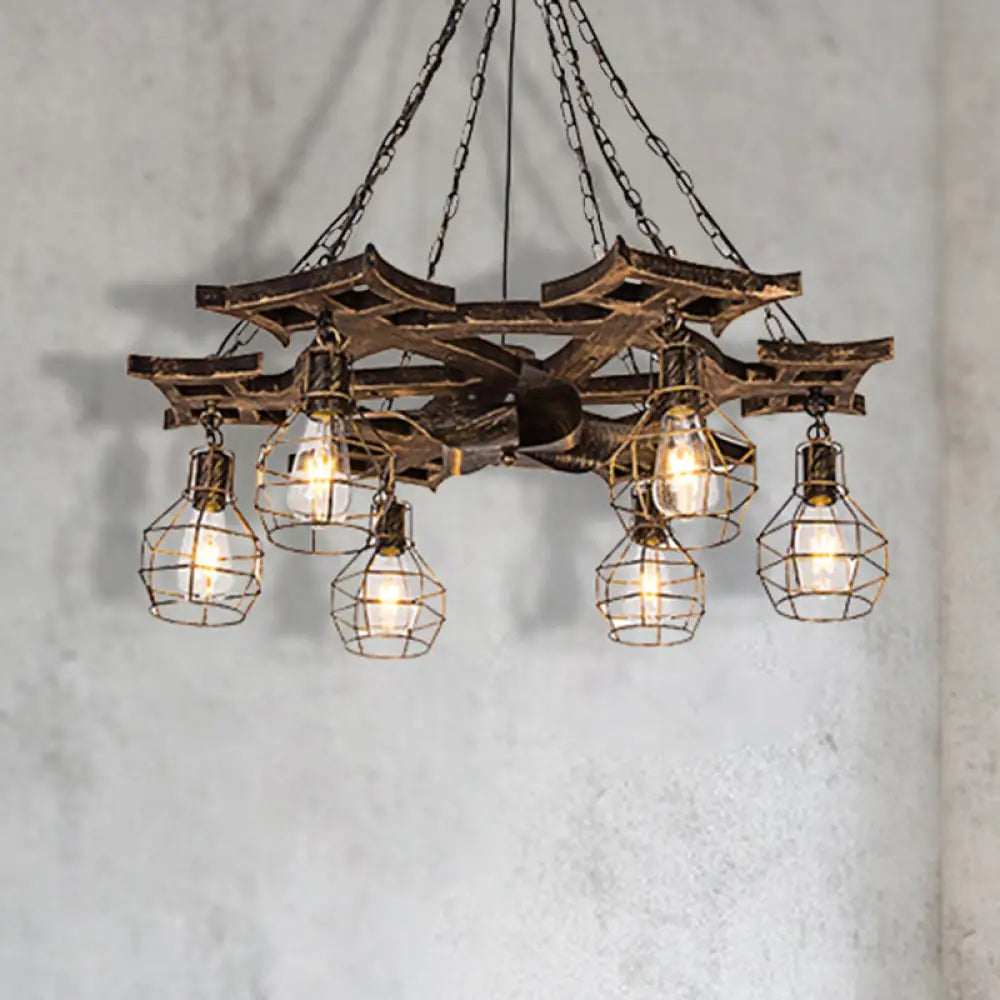 Vintage Bronze Metal Globe Chandelier - 6 Bulbs Hanging Ceiling Fixture With Cage