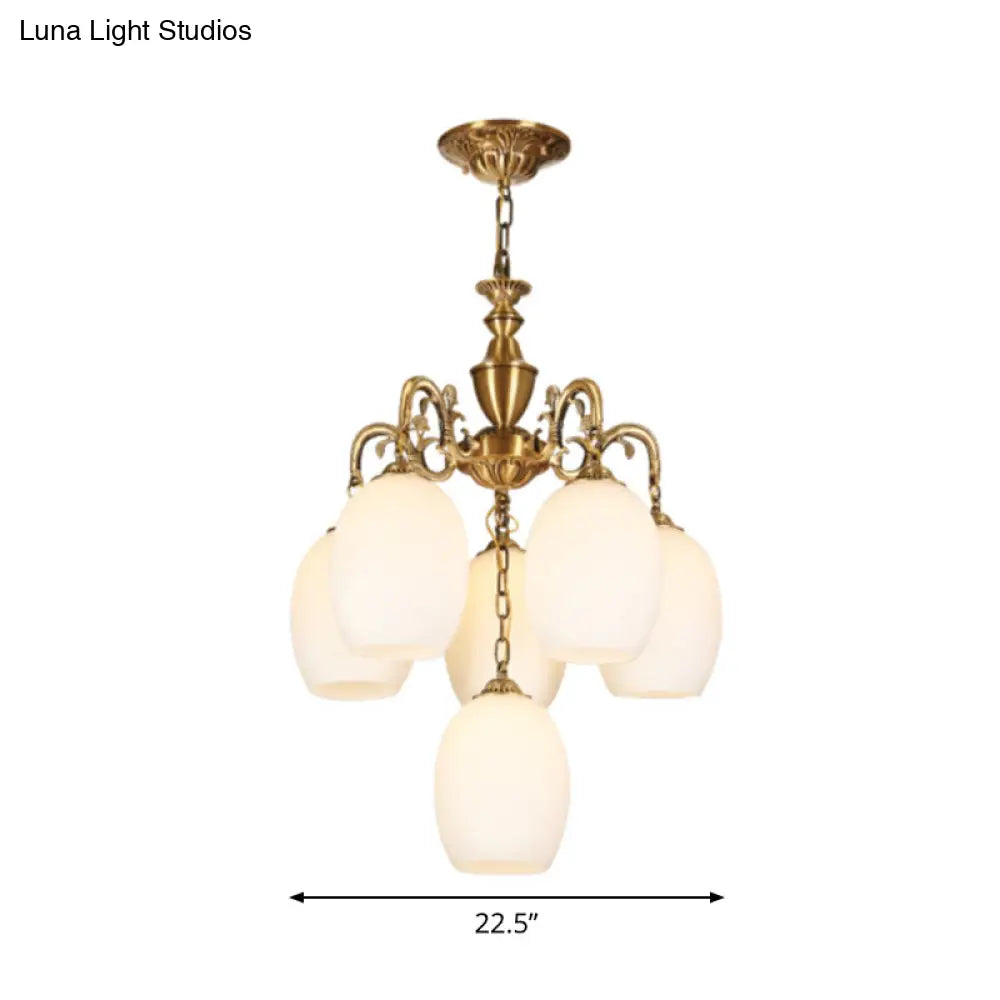 Vintage Bronze Oval Chandelier - 4/6-Bulb Down Lighting Pendant With Frosted White Glass