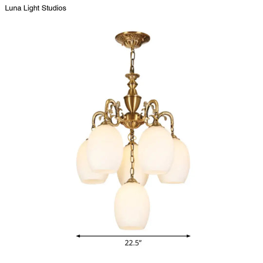 Vintage Bronze Oval Chandelier - 4/6-Bulb Down Lighting Pendant With Frosted White Glass