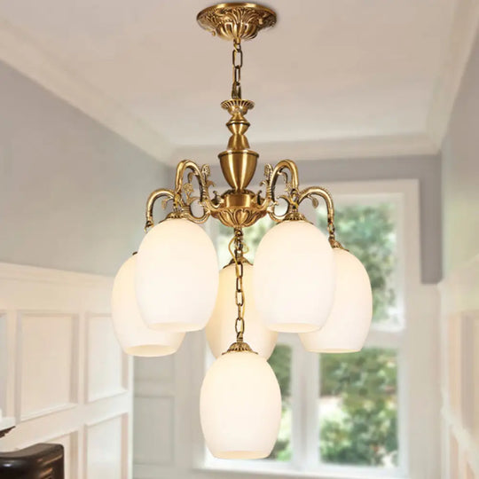 Vintage Bronze Oval Chandelier - 4/6-Bulb Down Lighting Pendant With Frosted White Glass 6 /