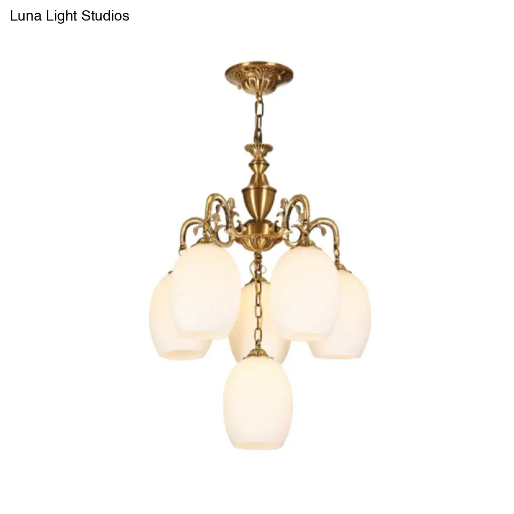 Vintage Bronze Oval Chandelier - 4/6-Bulb Down Lighting Pendant With Frosted White Glass