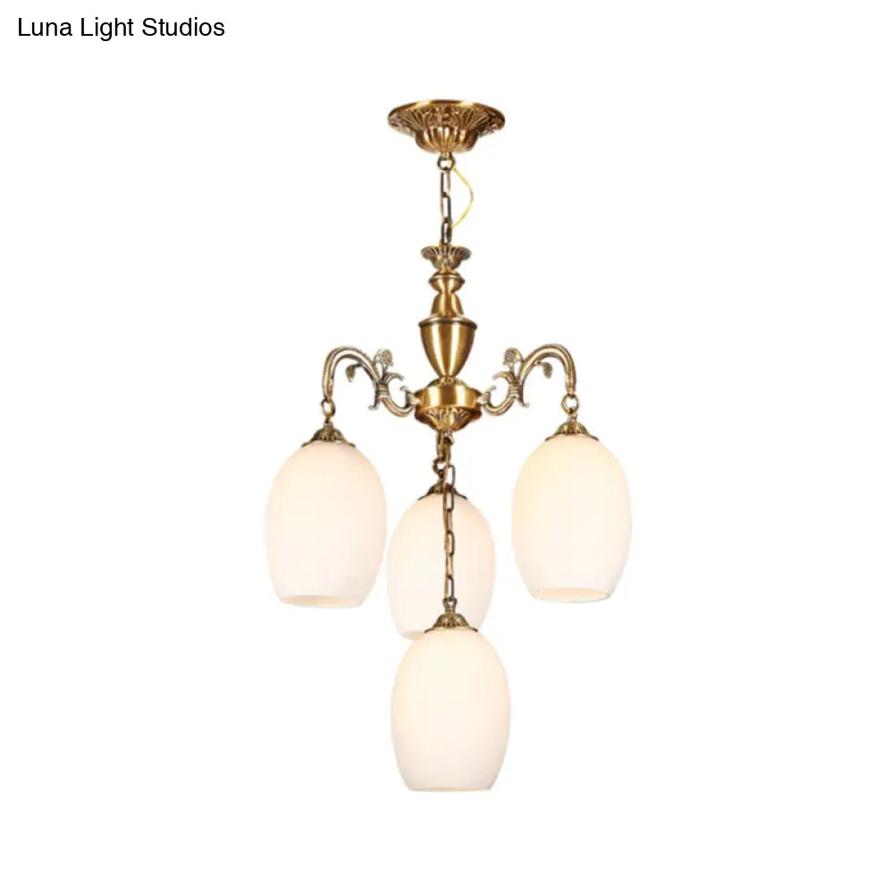 Vintage Bronze Oval Chandelier - 4/6-Bulb Down Lighting Pendant With Frosted White Glass